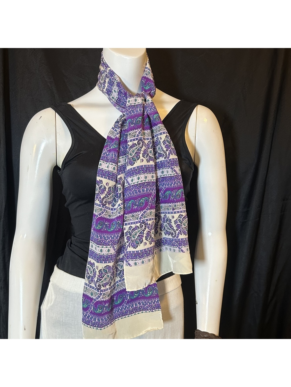 Vintage Purple and Cream Paisley & Stripe Patterned Scarf